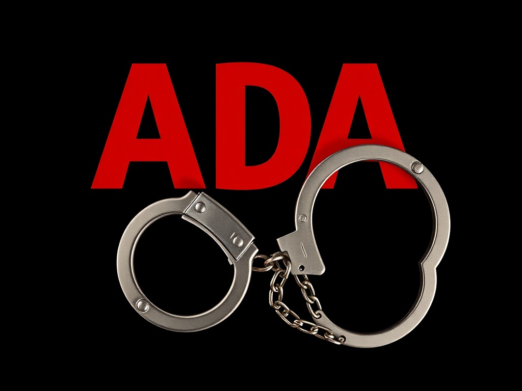 Red ADA letters with one closed handcuff bracelet around them and one open connected by chain, set against dark background symbolizing constrained disability rights